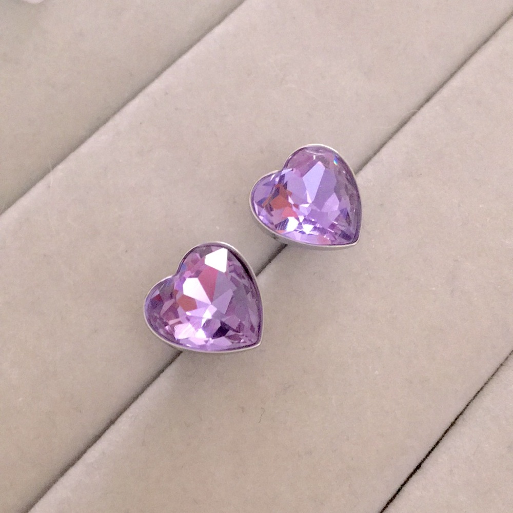 Violet Purple Crystal Heart Earrings - Picture 4 of 8